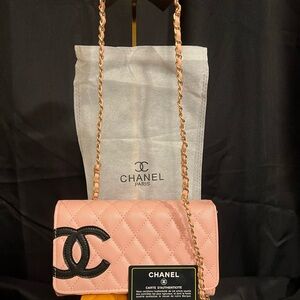 Chanel Pink Quilted Crossbody Wallet Bag with Black Logo COA and dust bag inc